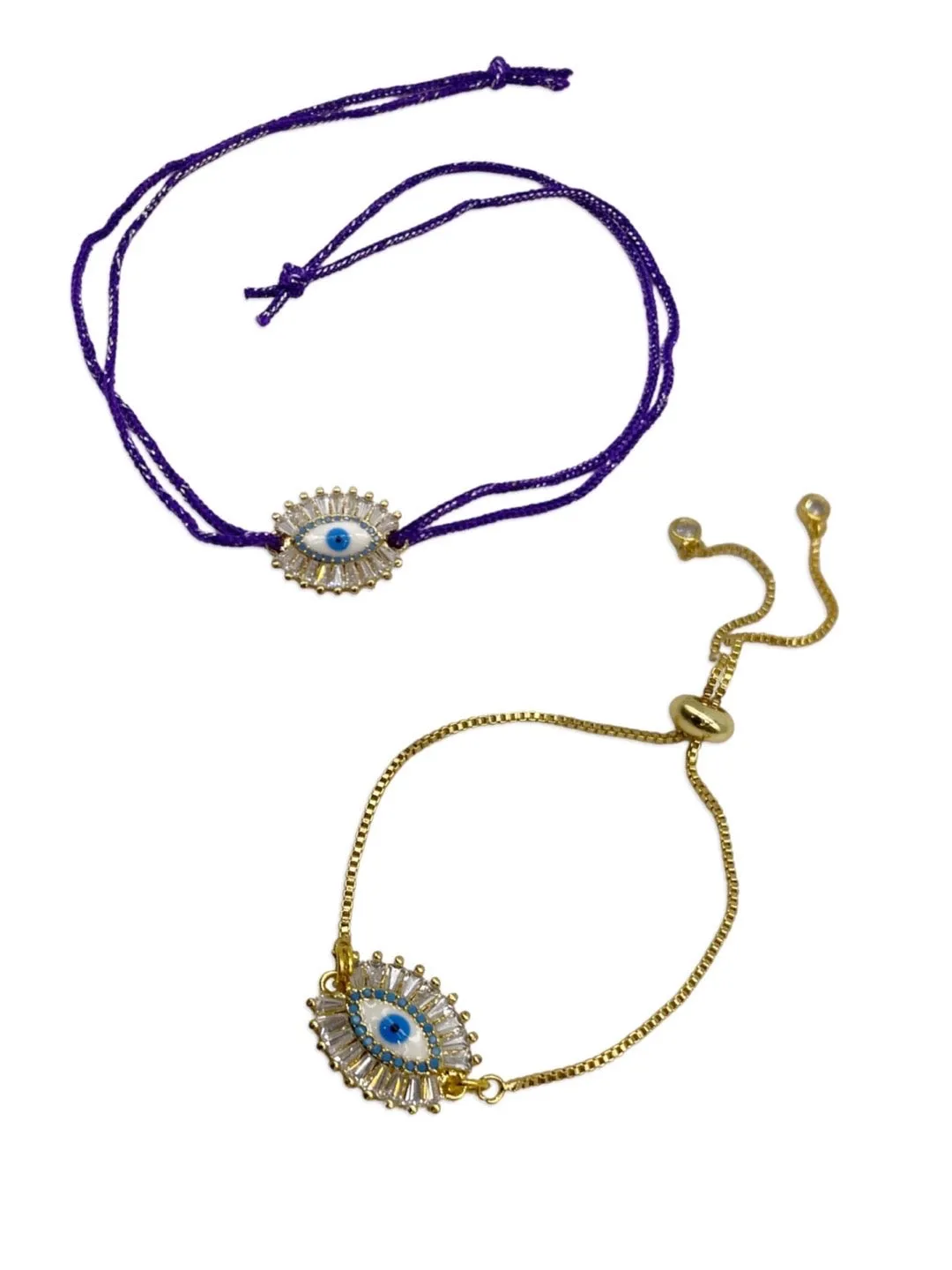 (Combo of 2) Designer Diamond Gold Plated Evil Eye Bracelet & Purple Rakhi Thread For Bhabhi-Brother