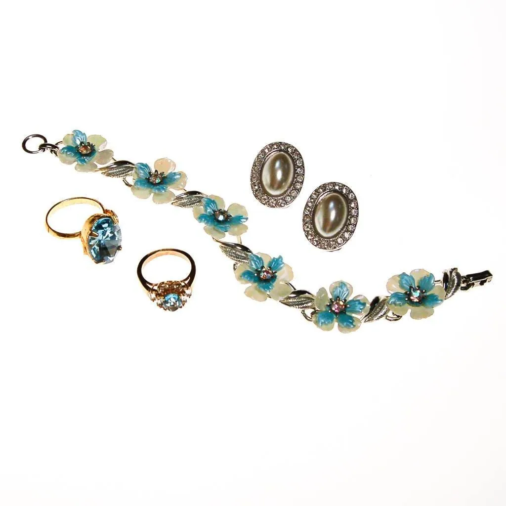 Coro White and Blue Flower Bracelet with Rhinestones