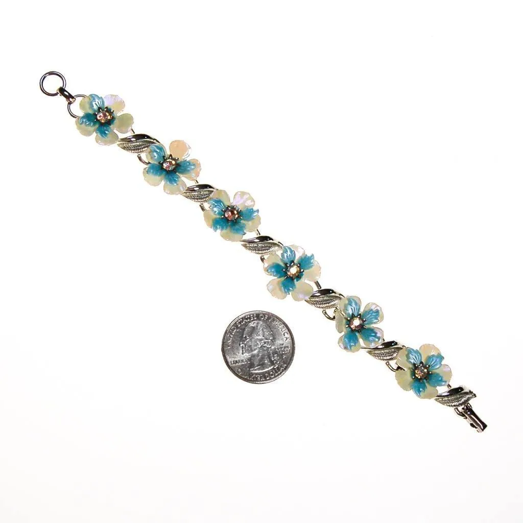 Coro White and Blue Flower Bracelet with Rhinestones