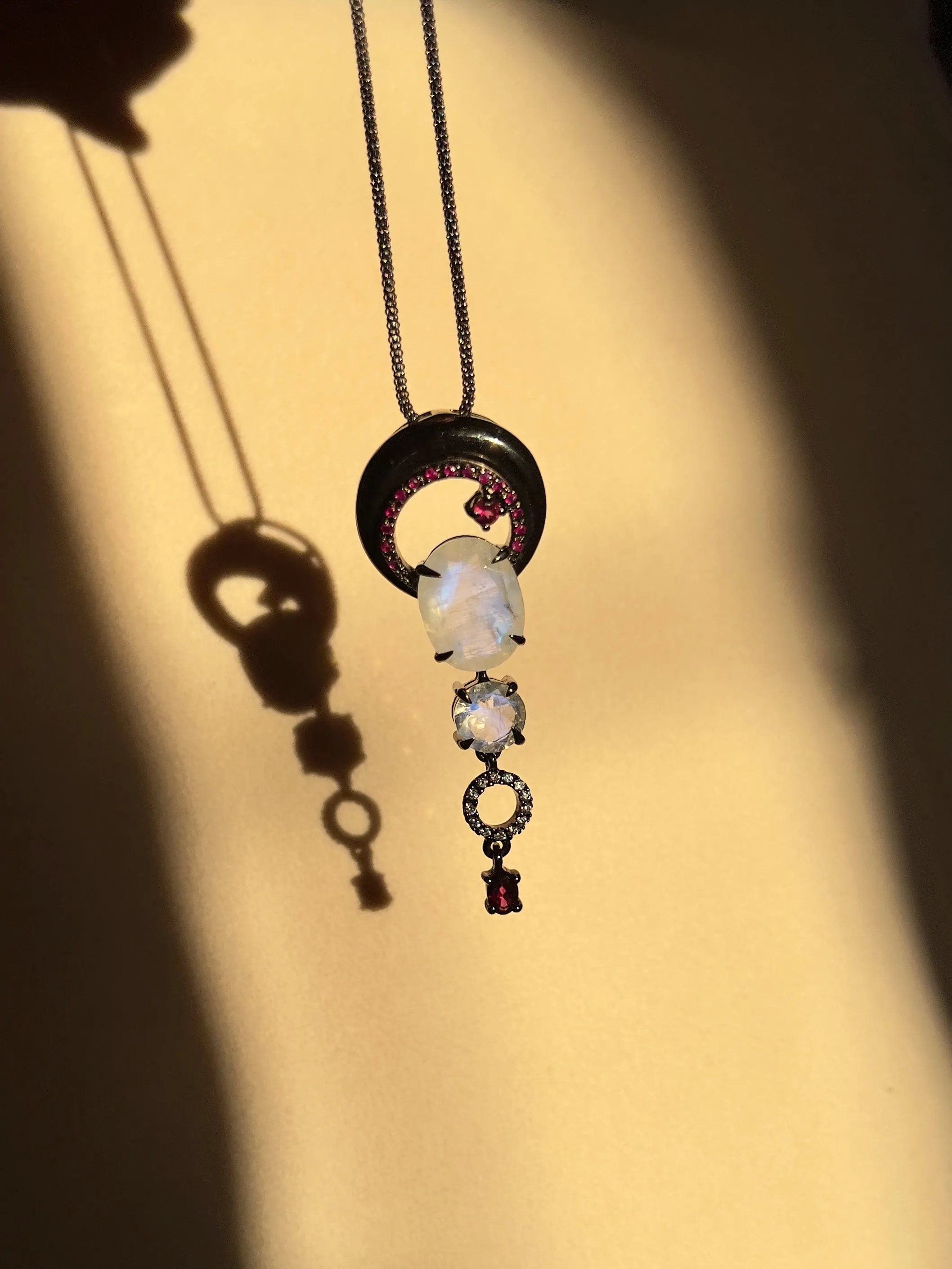 Crescent Moon Natural Moonstone and Ruby Pendant Necklace