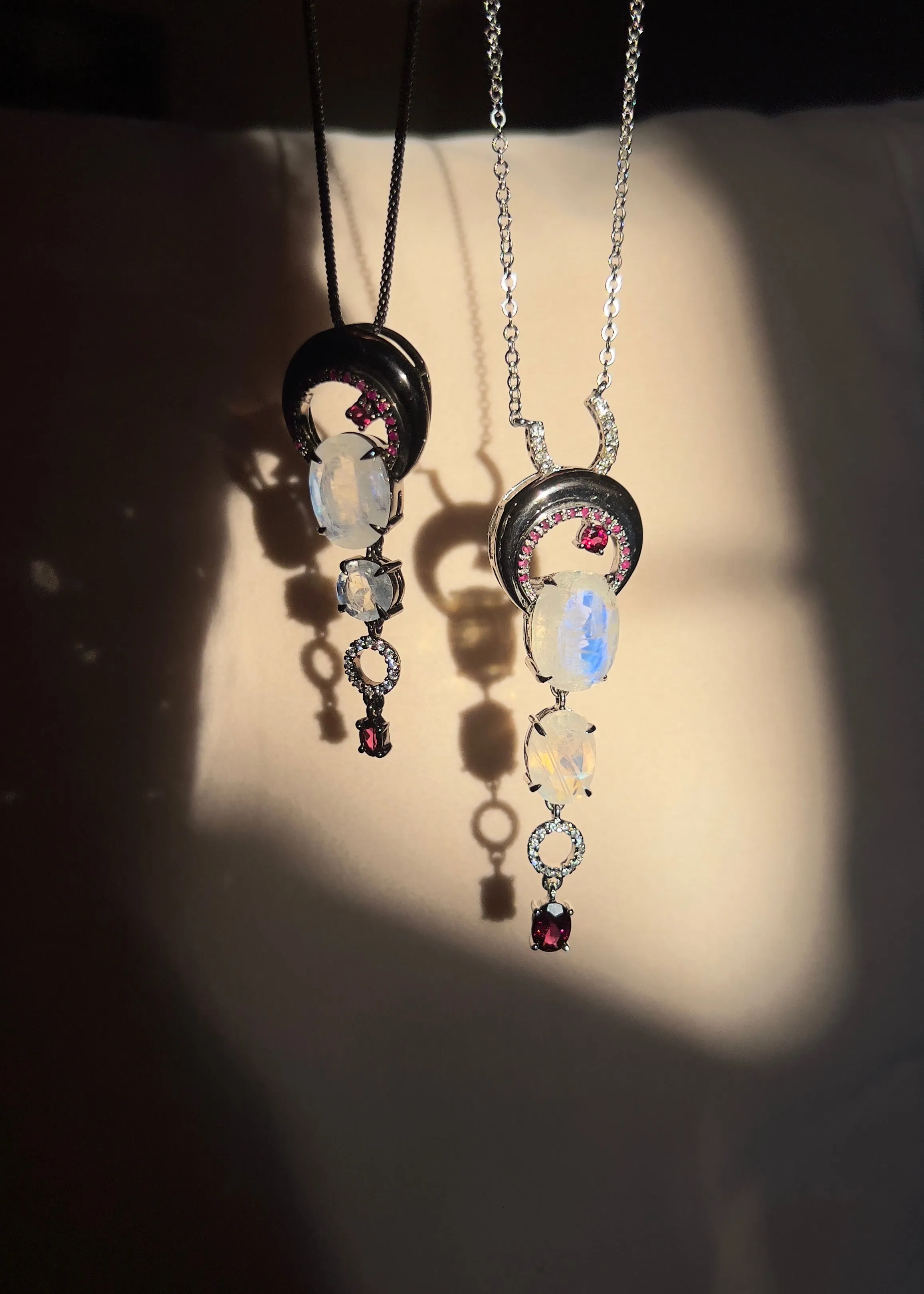 Crescent Moon Natural Moonstone and Ruby Pendant Necklace