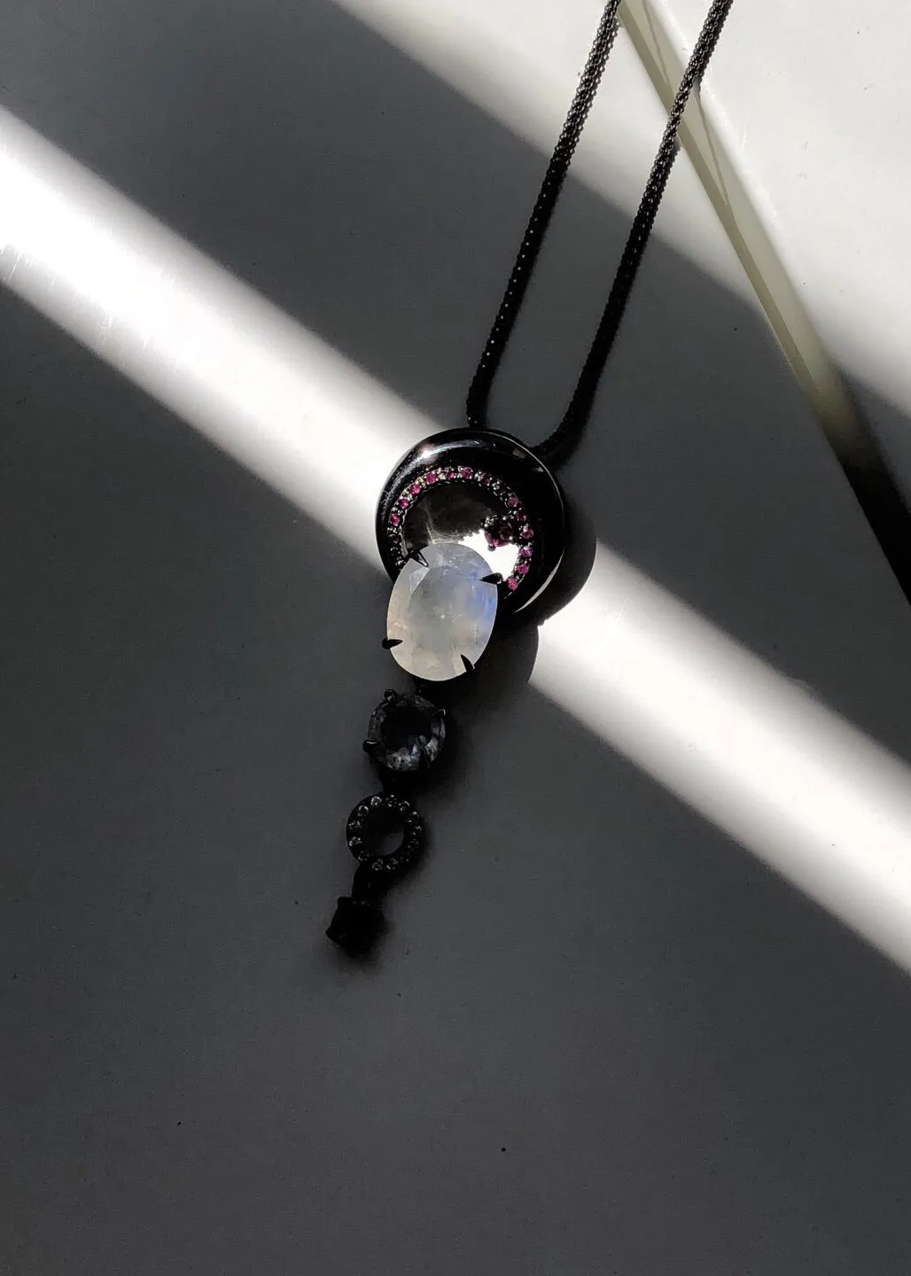 Crescent Moon Natural Moonstone and Ruby Pendant Necklace