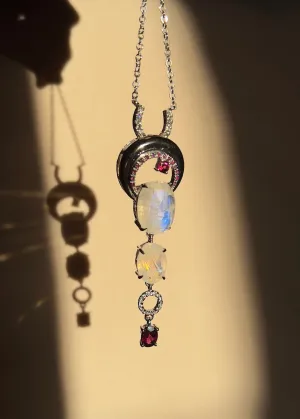 Crescent Moon Natural Moonstone and Ruby Pendant Necklace