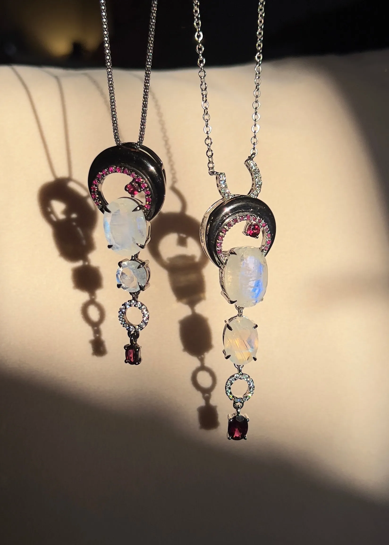 Crescent Moon Natural Moonstone and Ruby Pendant Necklace