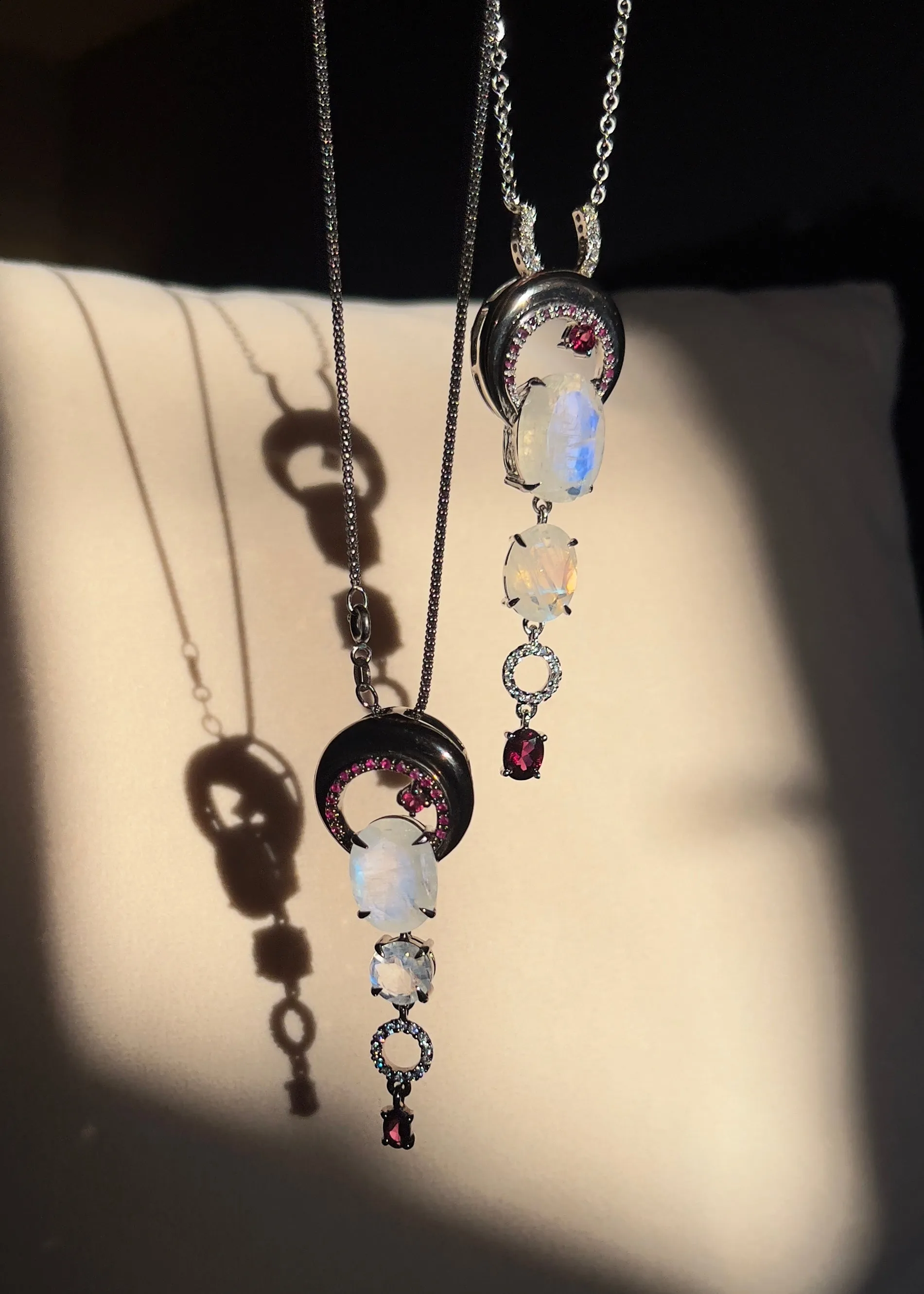 Crescent Moon Natural Moonstone and Ruby Pendant Necklace