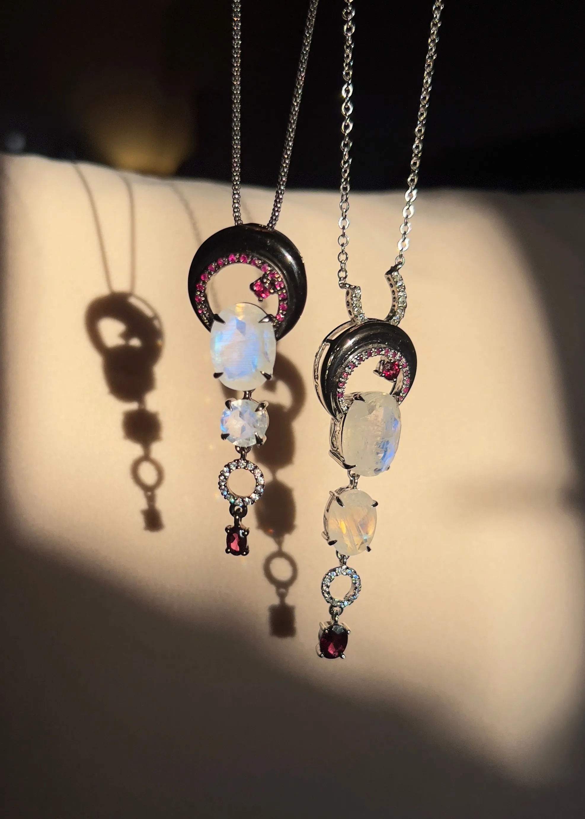 Crescent Moon Natural Moonstone and Ruby Pendant Necklace