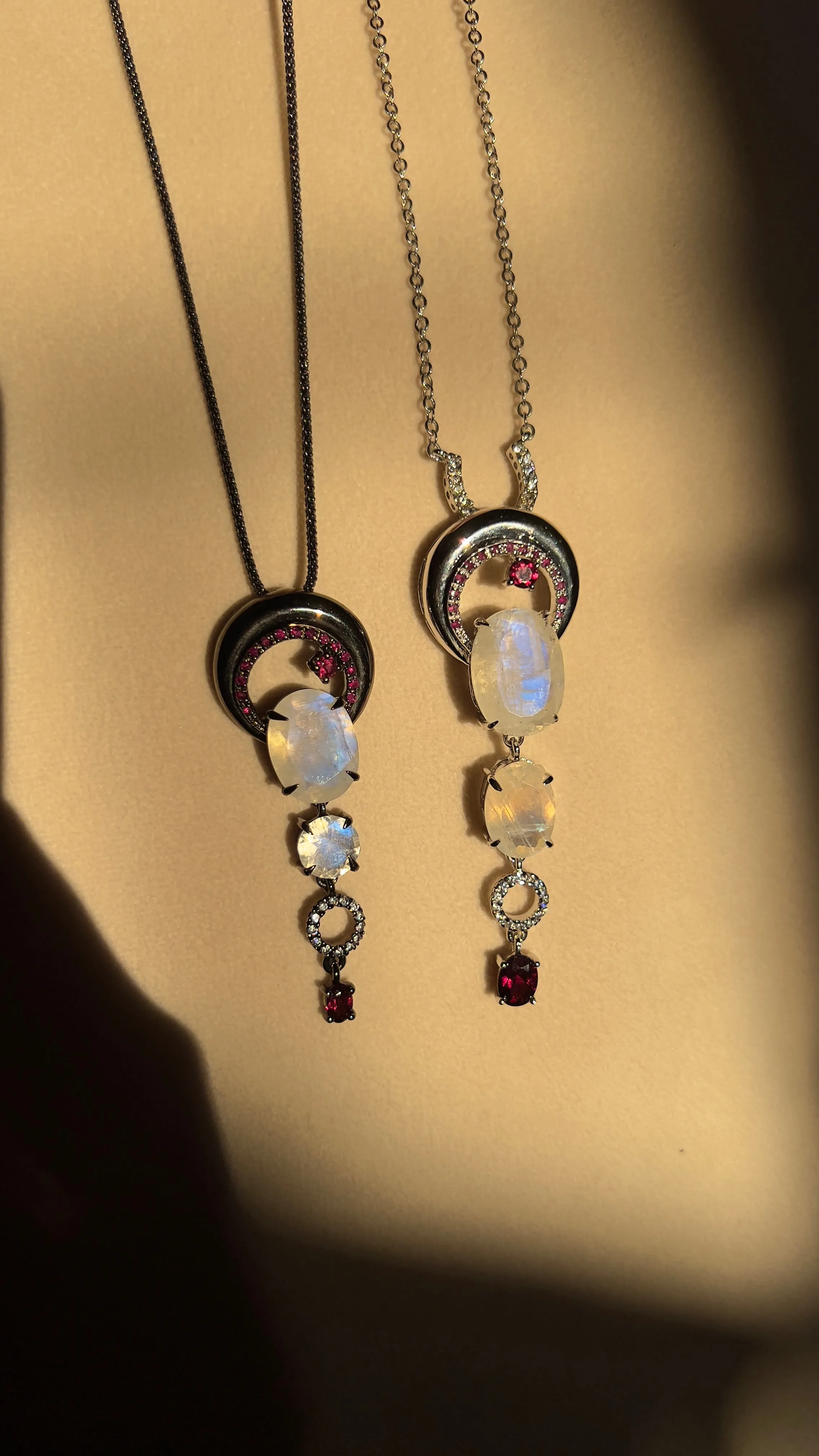 Crescent Moon Natural Moonstone and Ruby Pendant Necklace