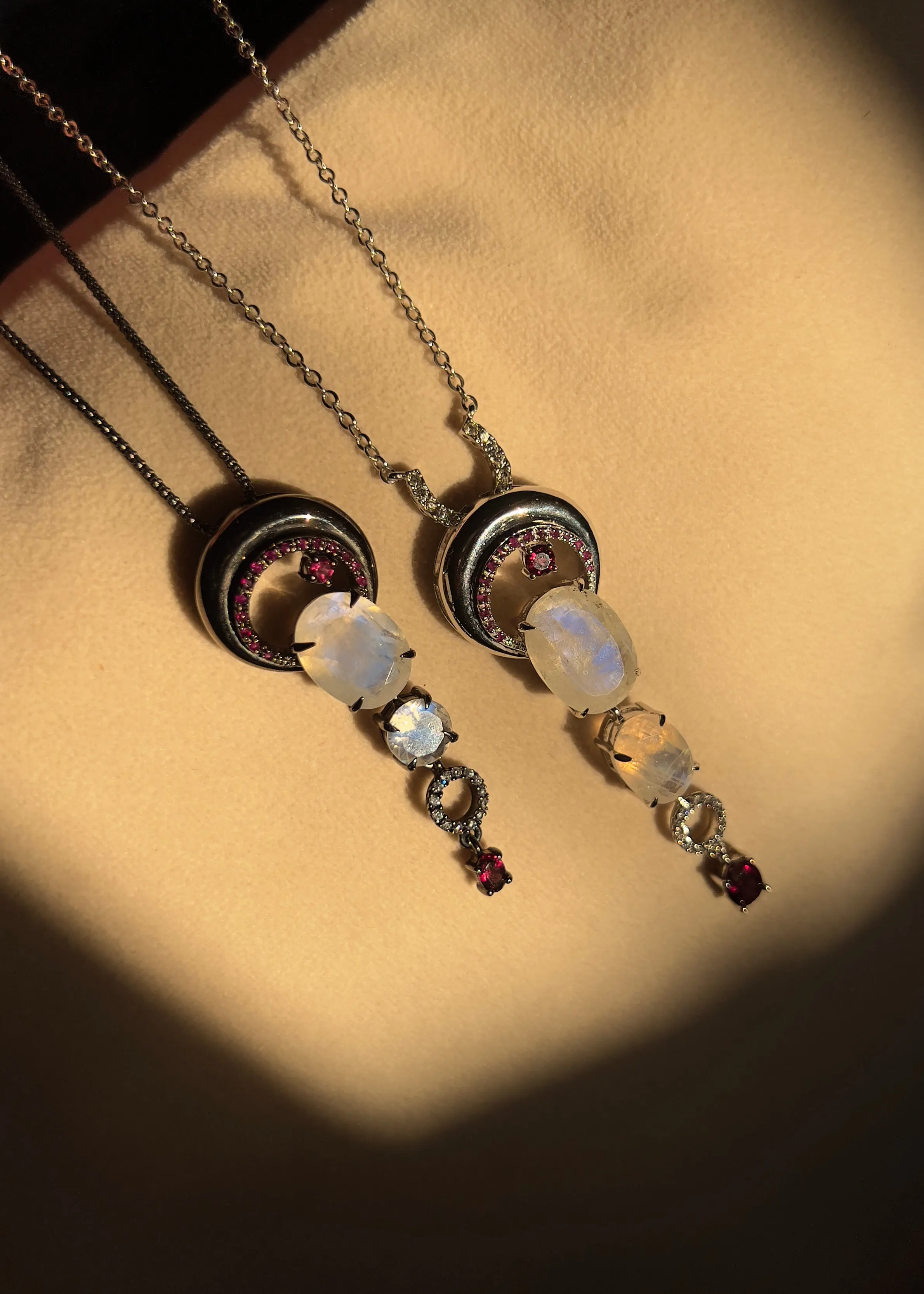 Crescent Moon Natural Moonstone and Ruby Pendant Necklace