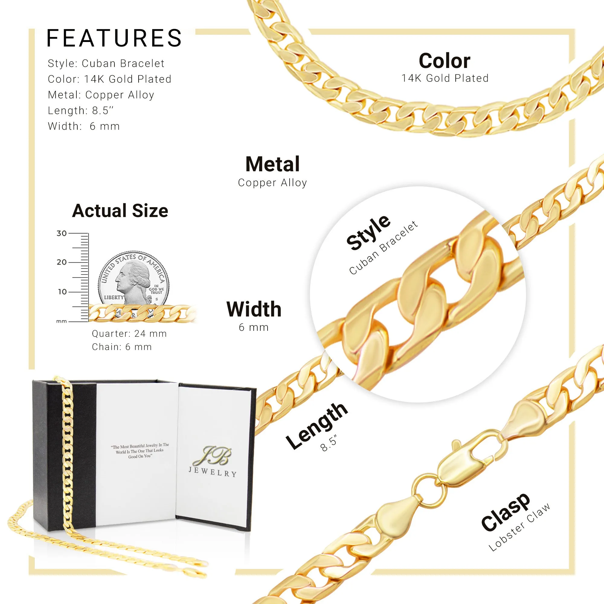Cuban Link Chain 14K Gold Filled Bracelet 8.5" Lobster Claw Clasp Men Jewelry 6 mm 8 mm