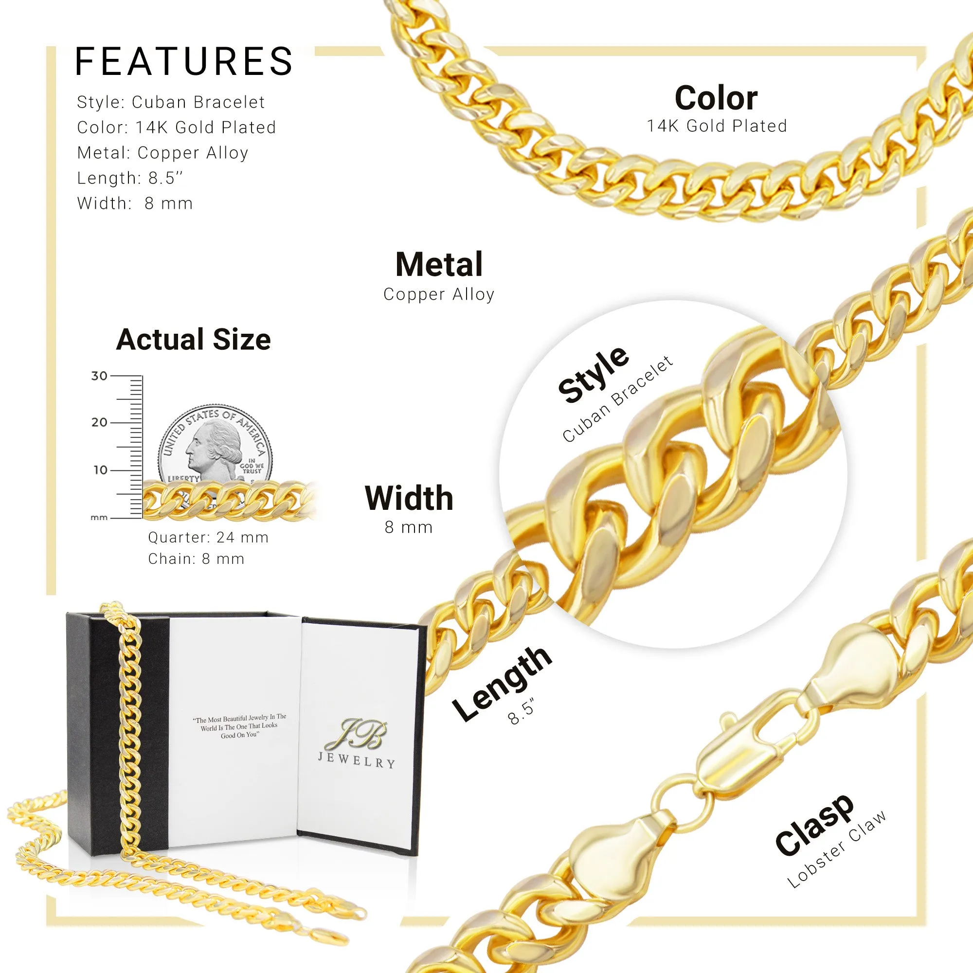 Cuban Link Chain 14K Gold Filled Bracelet 8.5" Lobster Claw Clasp Men Jewelry 6 mm 8 mm