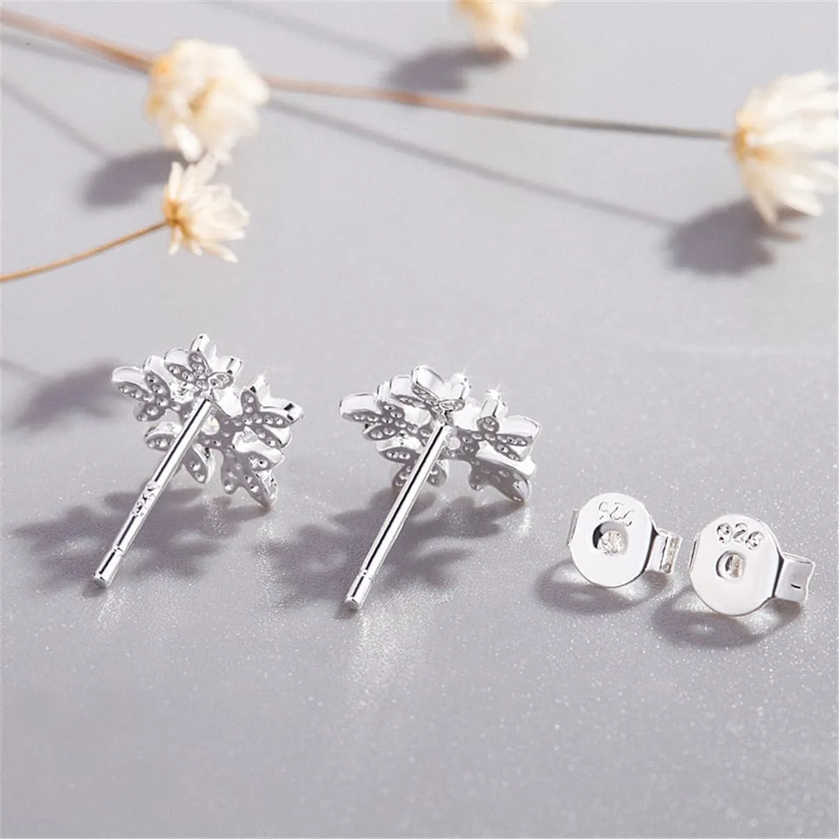 Cubic Zirconia & Silver-Plated Brushed Snowflake Stud Earrings