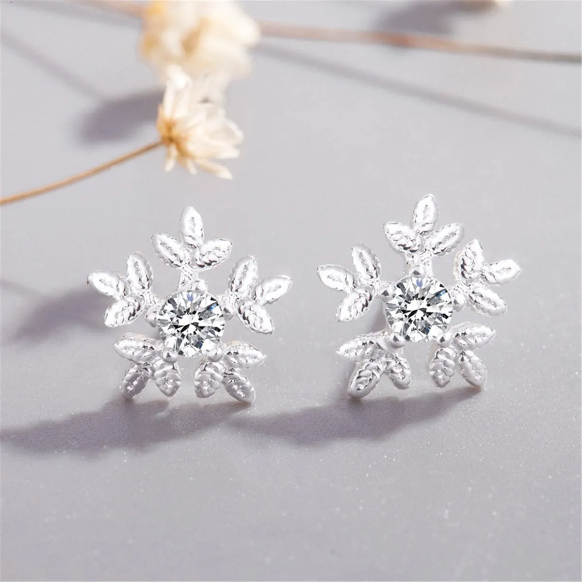 Cubic Zirconia & Silver-Plated Brushed Snowflake Stud Earrings