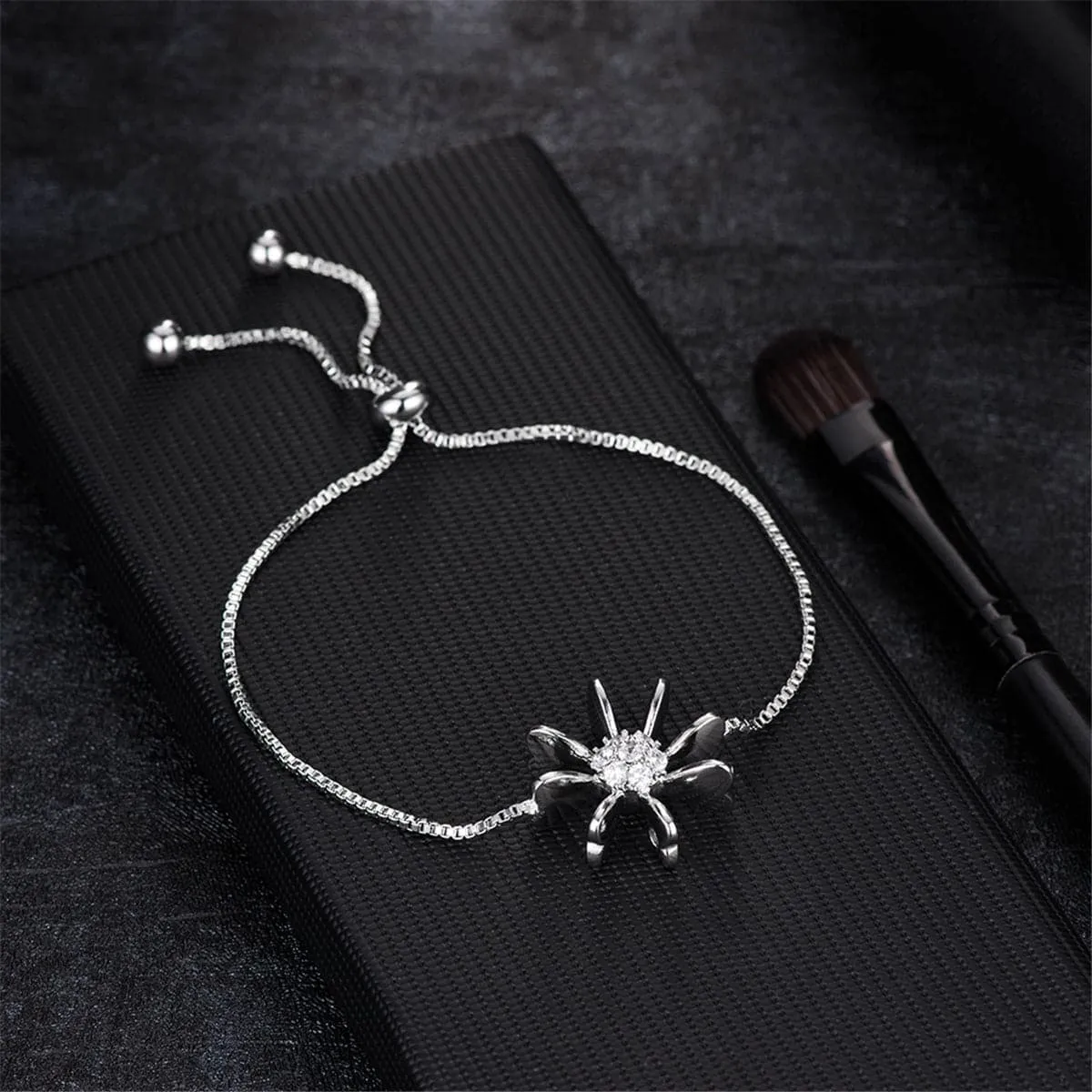 Cubic Zirconia & Silver-Plated Flower Adjustable Charm Bracelet