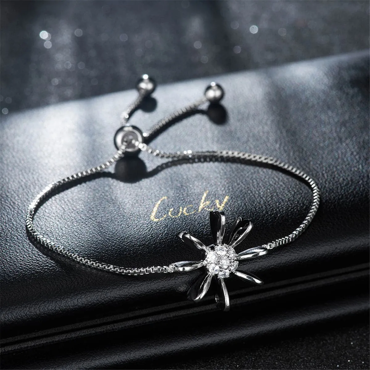 Cubic Zirconia & Silver-Plated Flower Adjustable Charm Bracelet