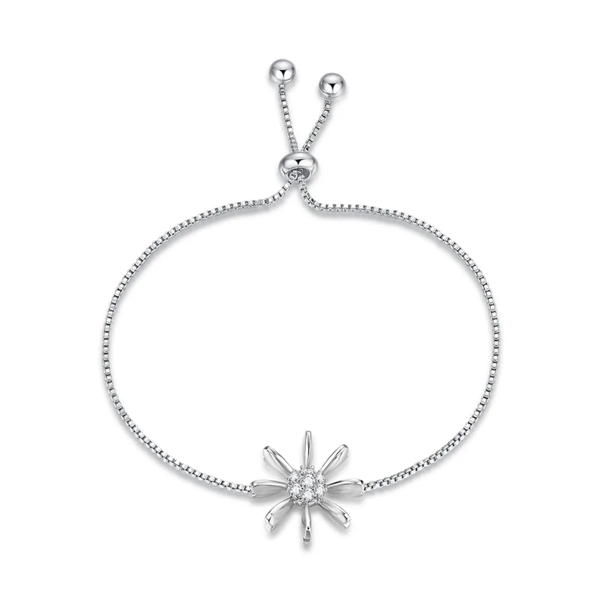 Cubic Zirconia & Silver-Plated Flower Adjustable Charm Bracelet
