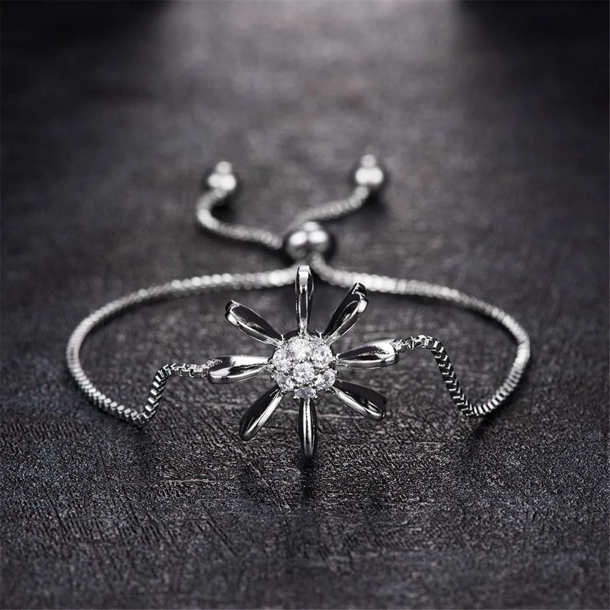 Cubic Zirconia & Silver-Plated Flower Adjustable Charm Bracelet