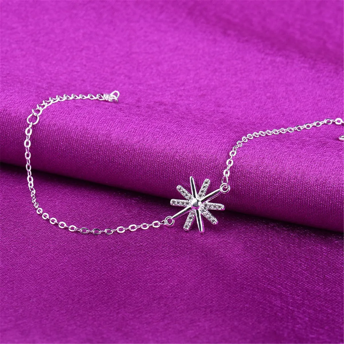 Cubic Zirconia & Silver-Plated Snowflake Charm Anklet