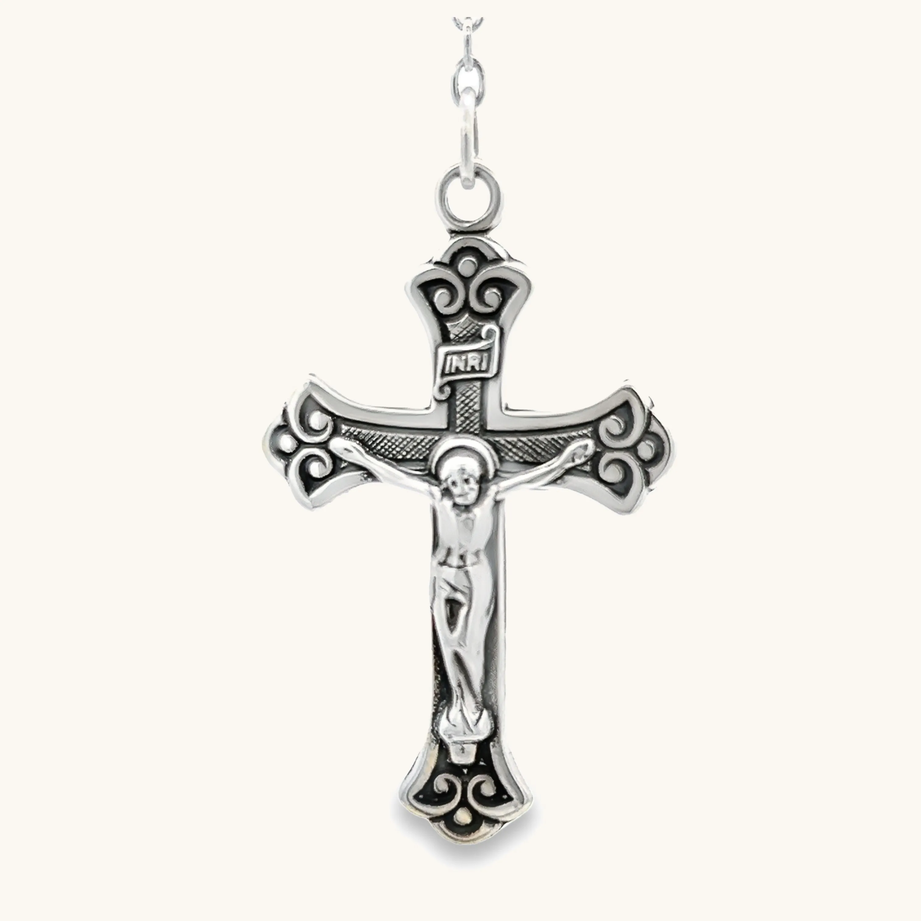 CUSTOM STERLING SILVER OBSIDIAN BEAD ROSARY NECKLACE | MADE IN USA