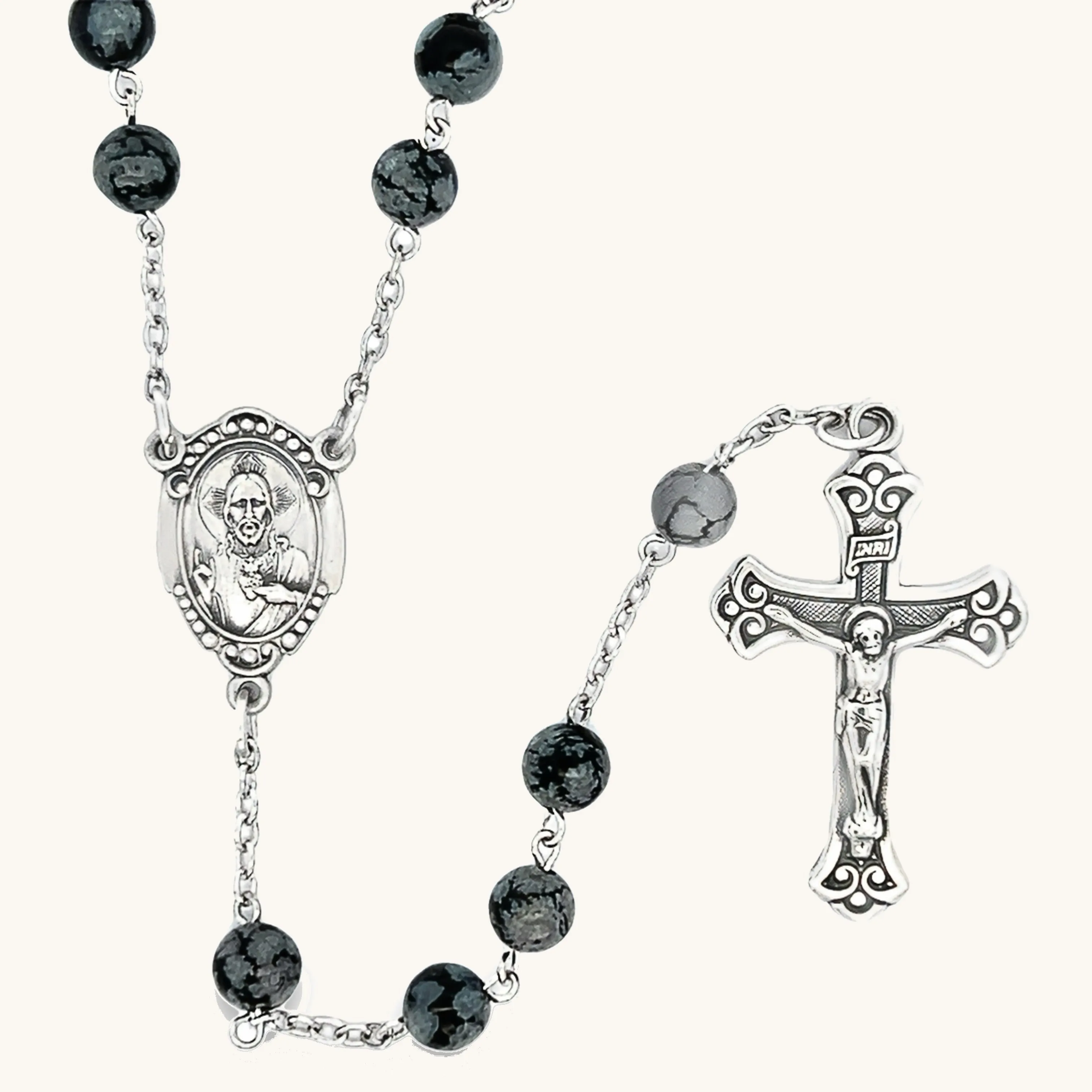 CUSTOM STERLING SILVER OBSIDIAN BEAD ROSARY NECKLACE | MADE IN USA