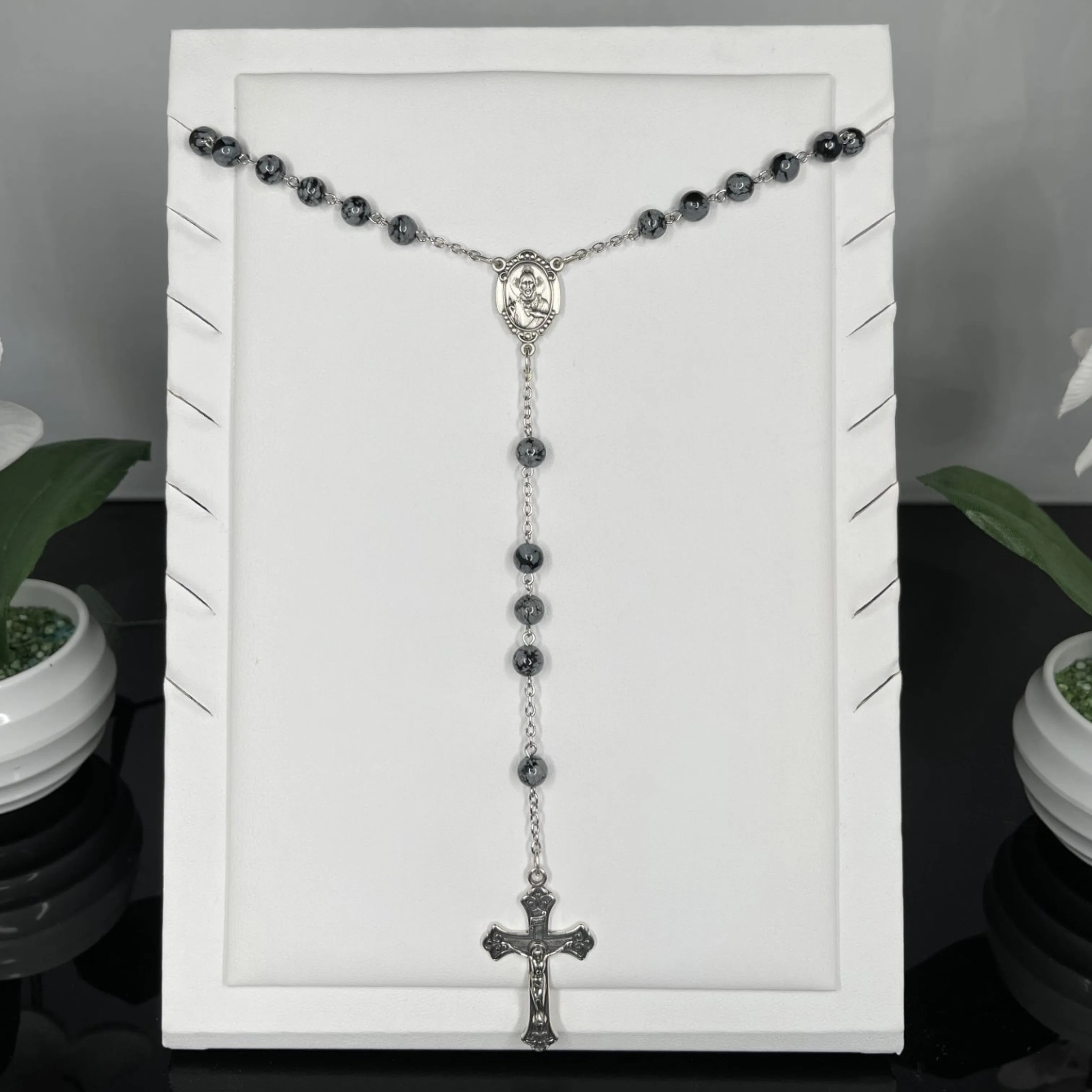 CUSTOM STERLING SILVER OBSIDIAN BEAD ROSARY NECKLACE | MADE IN USA