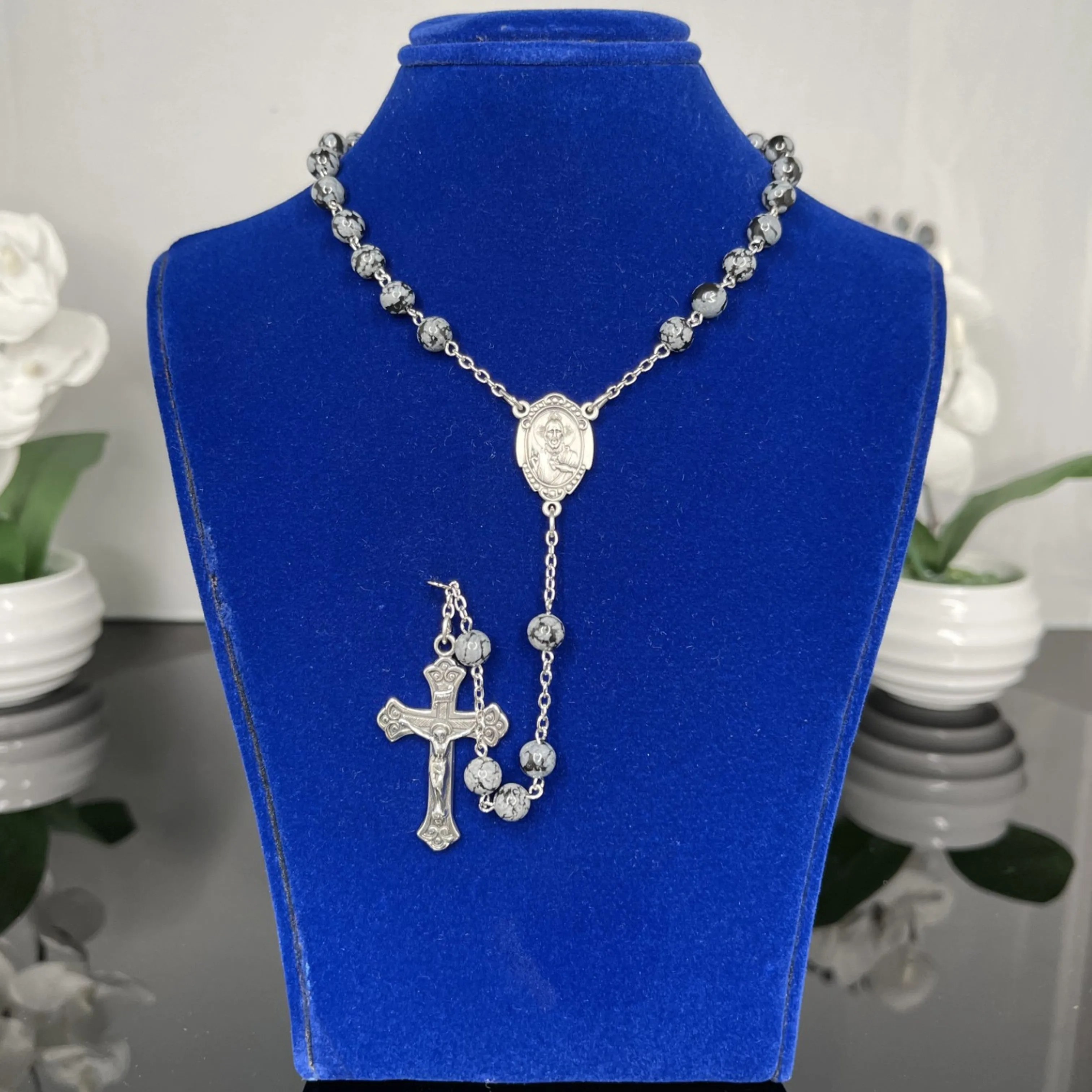 CUSTOM STERLING SILVER OBSIDIAN BEAD ROSARY NECKLACE | MADE IN USA