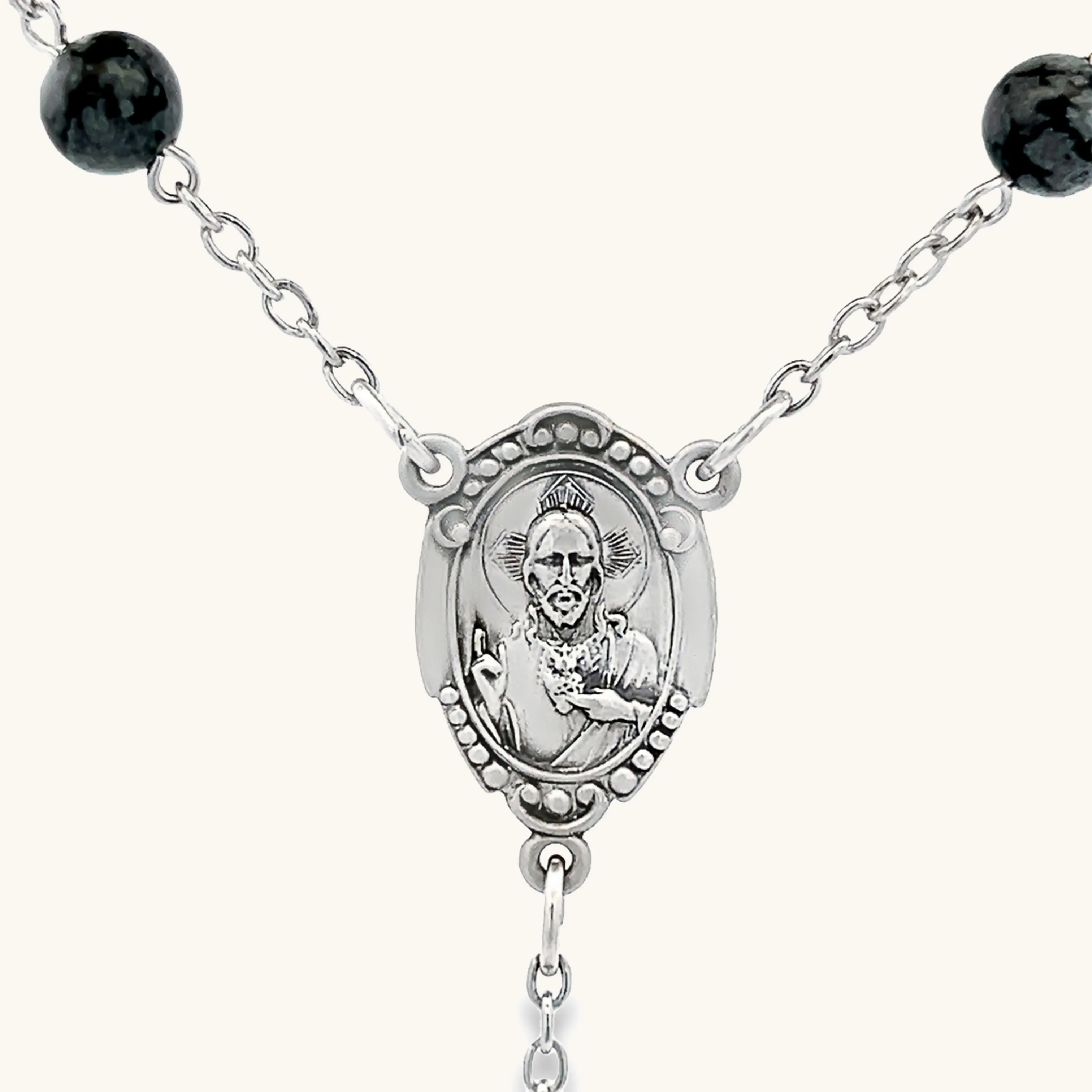CUSTOM STERLING SILVER OBSIDIAN BEAD ROSARY NECKLACE | MADE IN USA