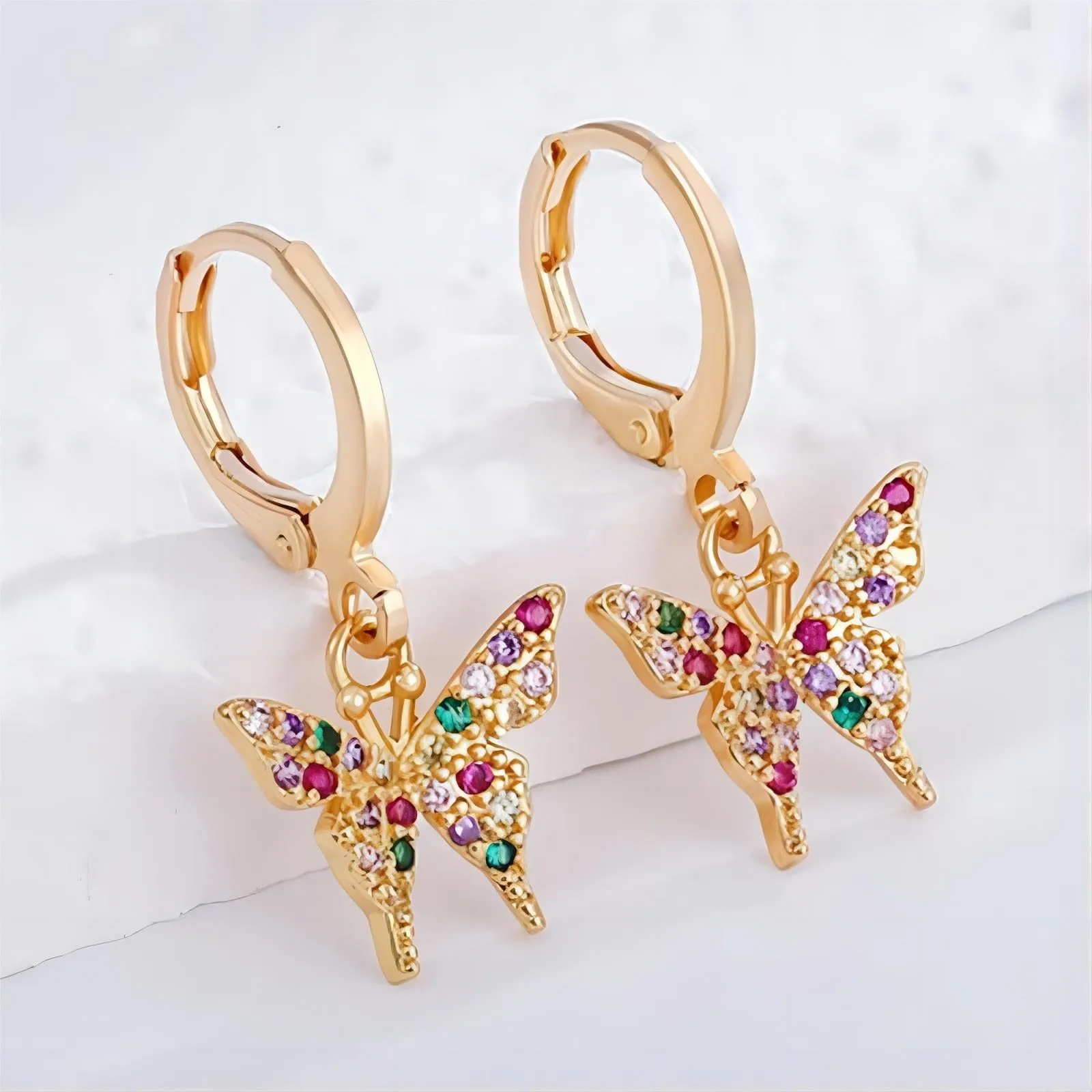 Dainty CZ Inlaid Butterfly Huggie Hoop Earrings