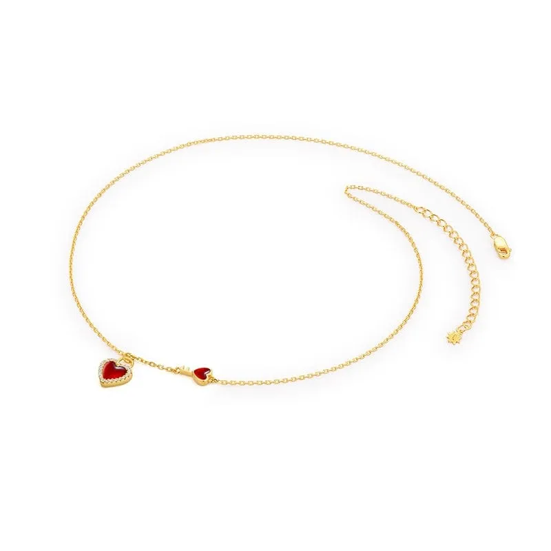 Dainty CZ Inlaid Lock And Key Heart Necklace