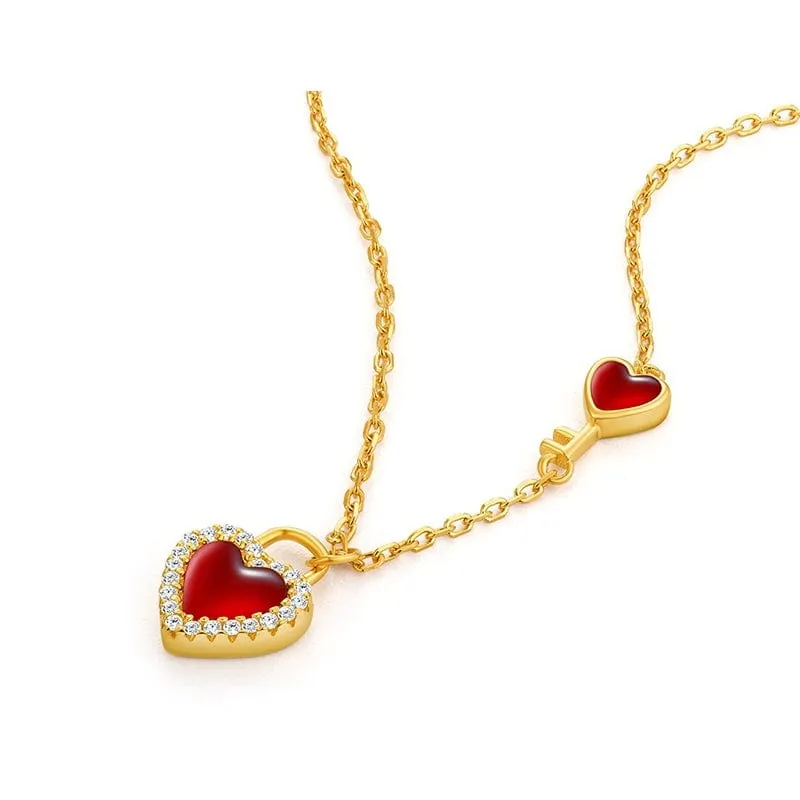 Dainty CZ Inlaid Lock And Key Heart Necklace
