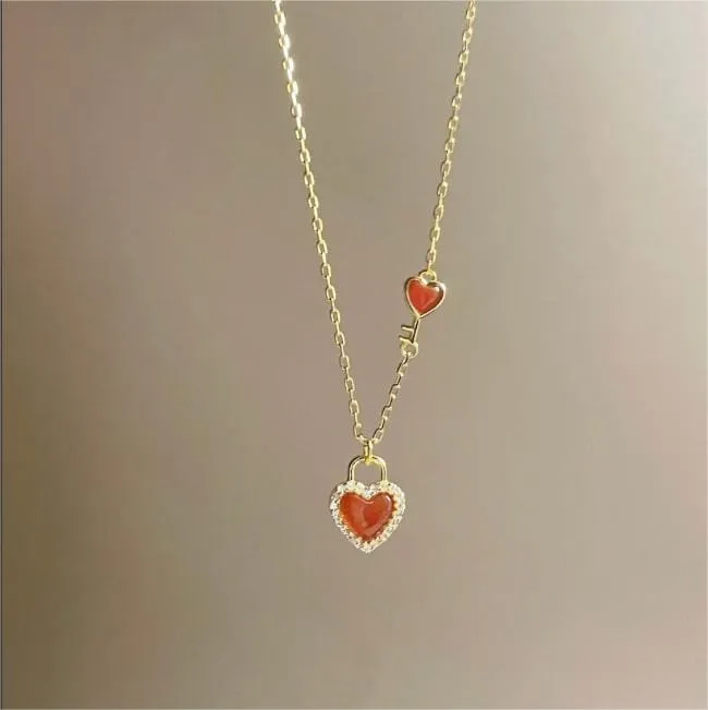 Dainty CZ Inlaid Lock And Key Heart Necklace