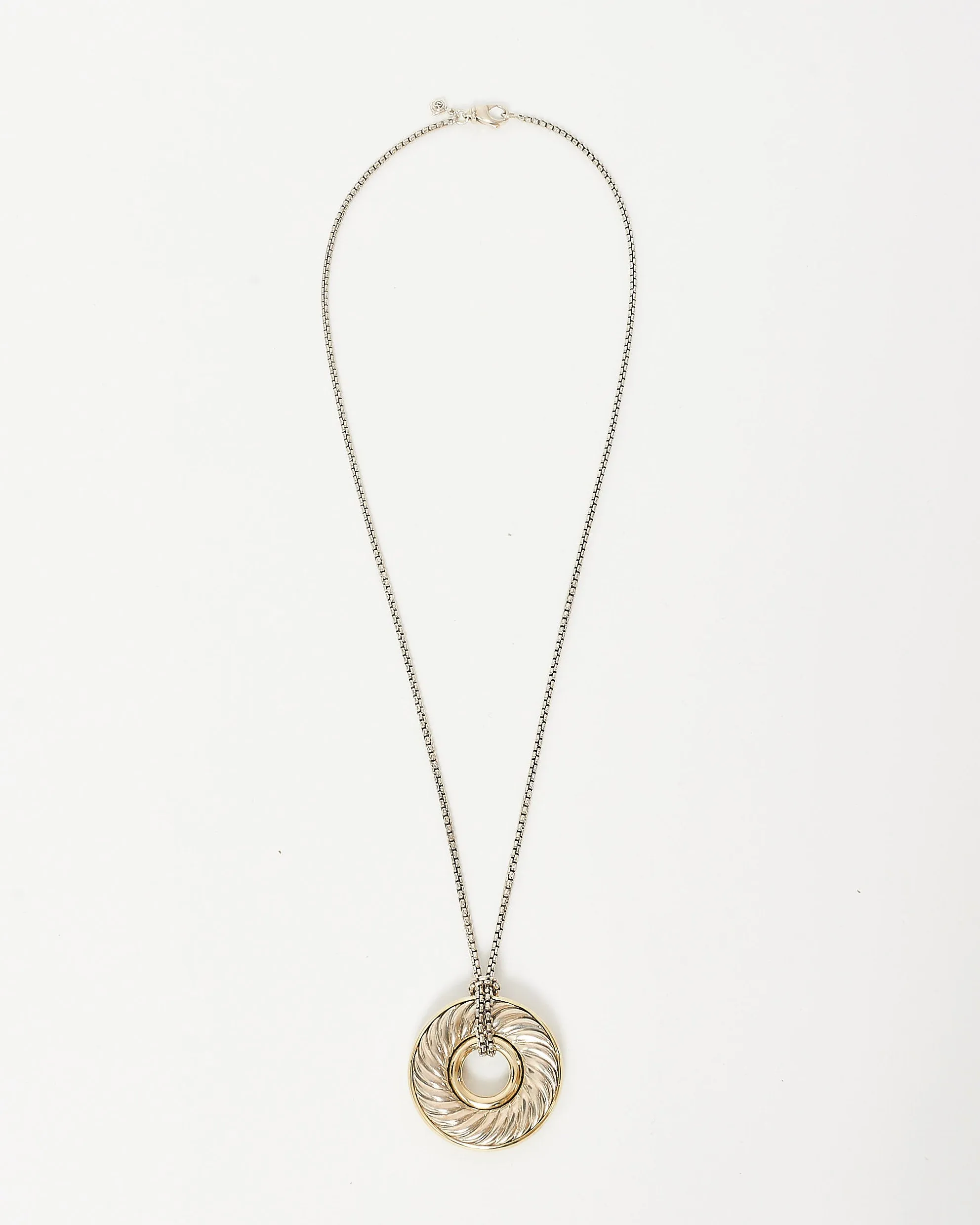 David Yurman Silver & Gold Carved Cable Circle Pendant Necklace