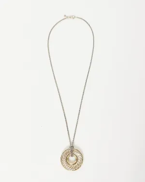 David Yurman Silver & Gold Carved Cable Circle Pendant Necklace
