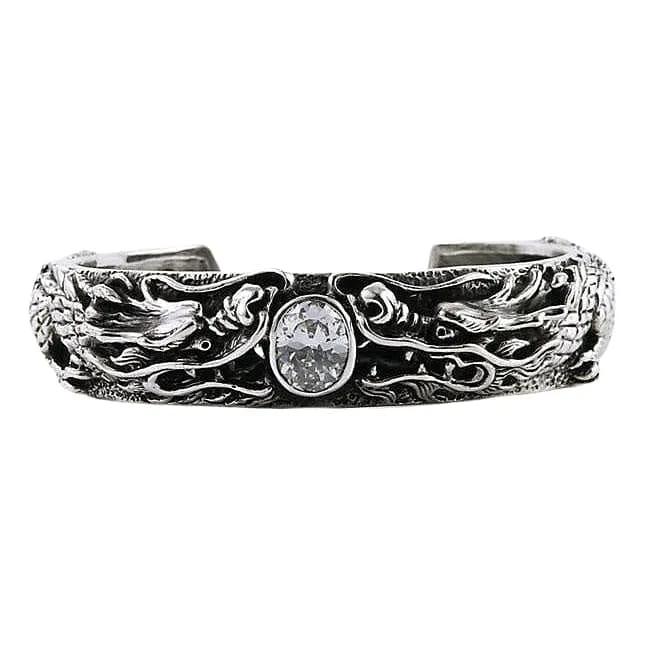 Diamond Japanese Dragon Sterling Silver Biker Cuff Bracelet