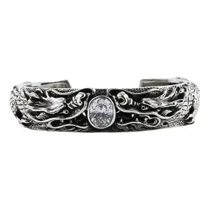 Diamond Japanese Dragon Sterling Silver Biker Cuff Bracelet