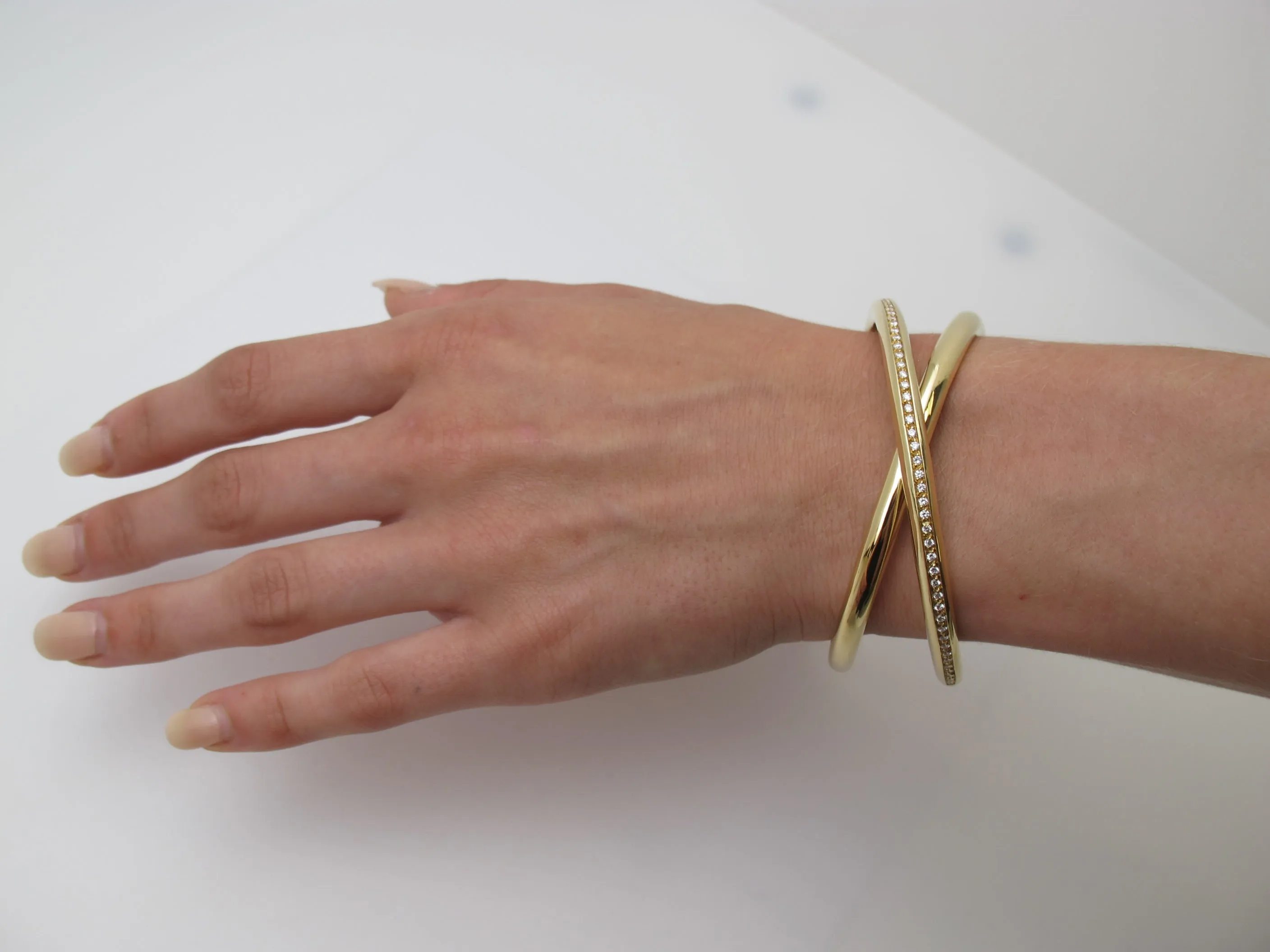 Diamond Pave Channel Criss-Cross "X" Yellow Gold Italian Bangle Cuff Bracelet