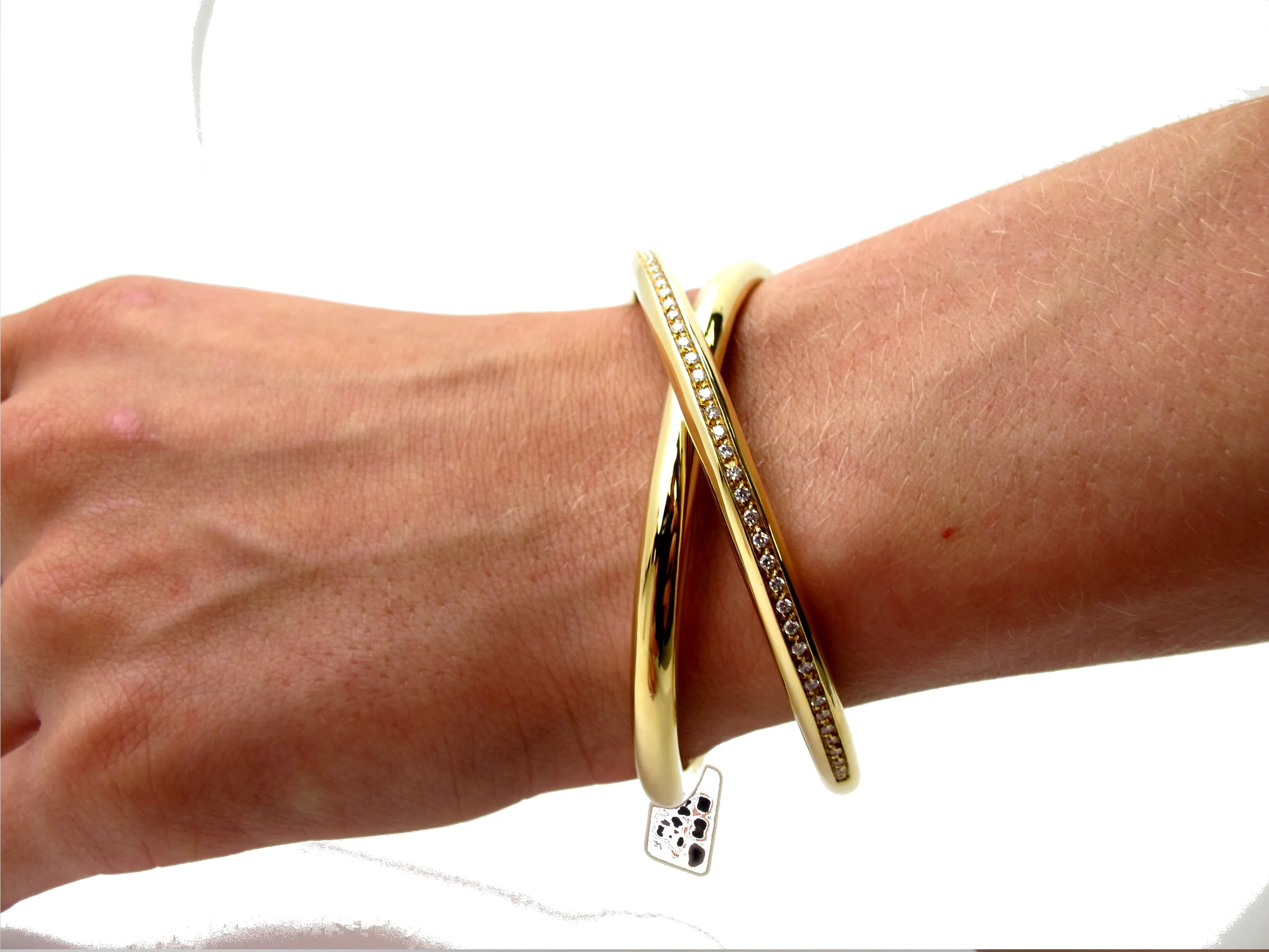 Diamond Pave Channel Criss-Cross "X" Yellow Gold Italian Bangle Cuff Bracelet