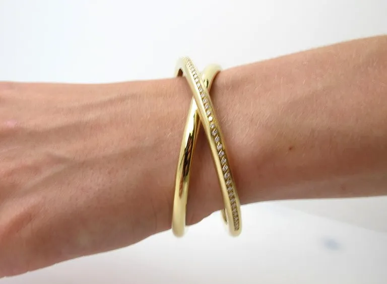 Diamond Pave Channel Criss-Cross "X" Yellow Gold Italian Bangle Cuff Bracelet
