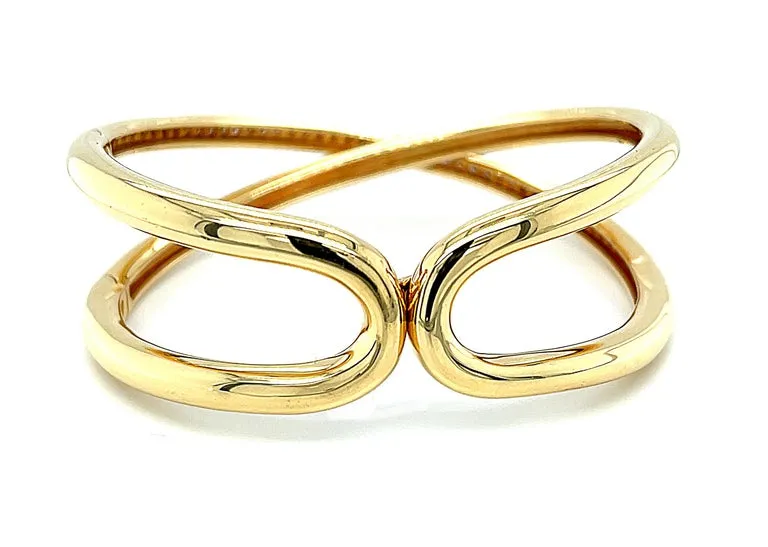 Diamond Pave Channel Criss-Cross "X" Yellow Gold Italian Bangle Cuff Bracelet