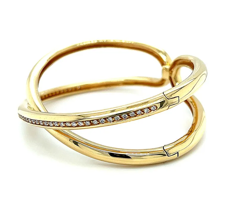 Diamond Pave Channel Criss-Cross "X" Yellow Gold Italian Bangle Cuff Bracelet