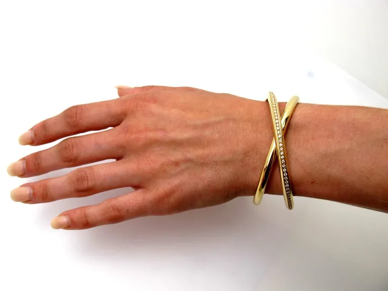 Diamond Pave Channel Criss-Cross "X" Yellow Gold Italian Bangle Cuff Bracelet