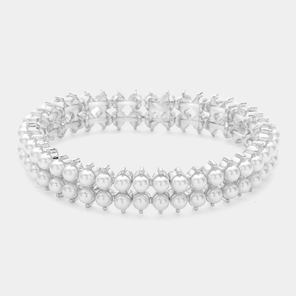 Double Row White Pearl Stretch Tennis Bracelet   |  591645