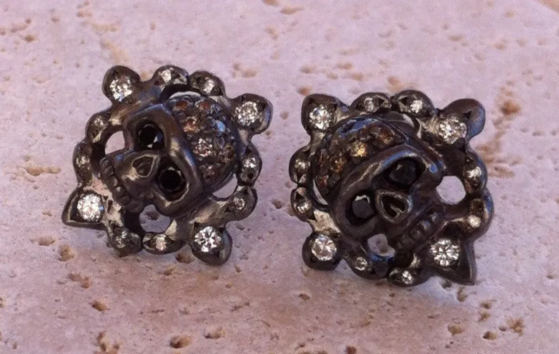 Earrings - Sterling Silver Skulls with Diamond Pave