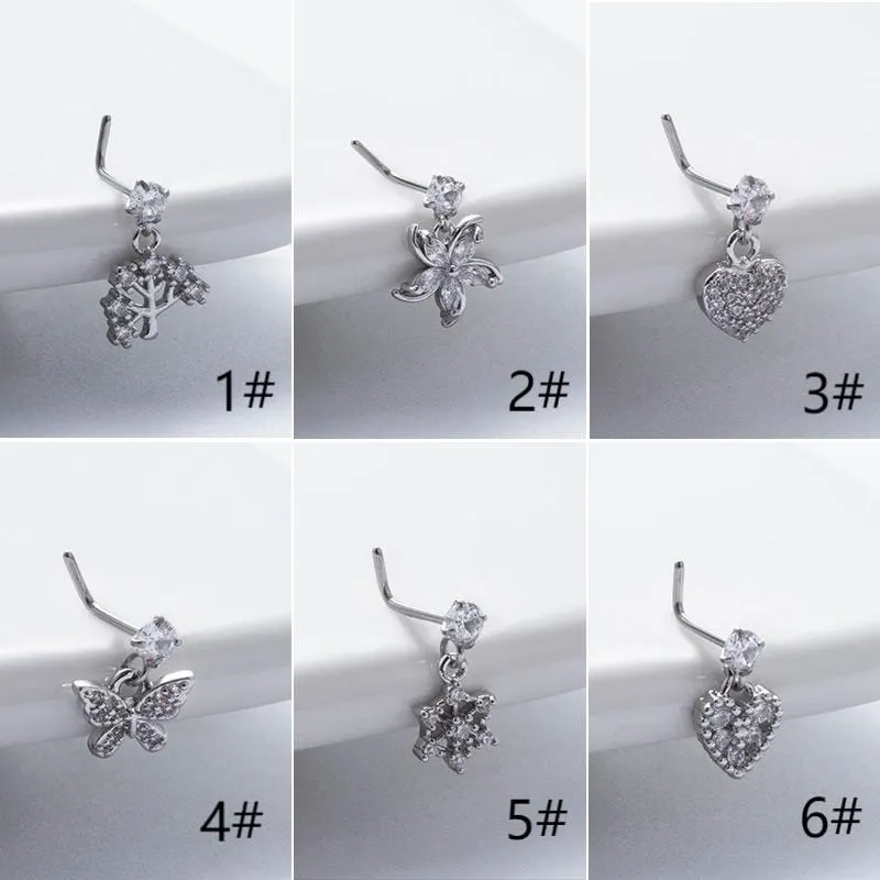 Elegant CZ Inlaid Stainless Steel Heart Snowflake Floral Nose Piercing Nose Stud