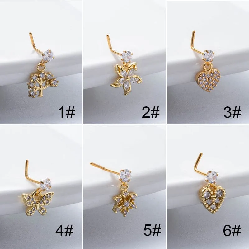 Elegant CZ Inlaid Stainless Steel Heart Snowflake Floral Nose Piercing Nose Stud