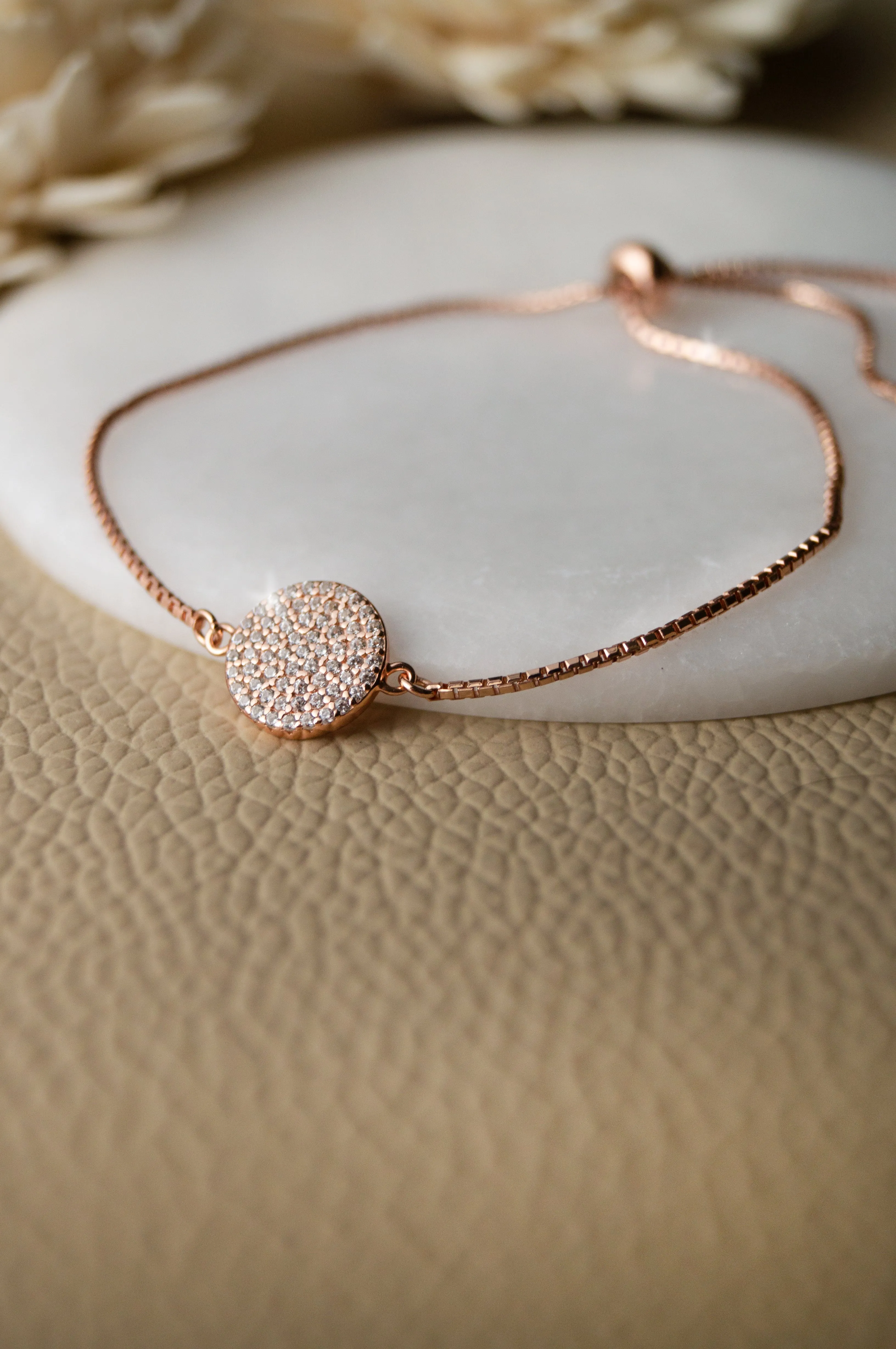 Enchanting Sparkly Disk Rose Gold Plated Sterling Silver Pull Chain Bracelet