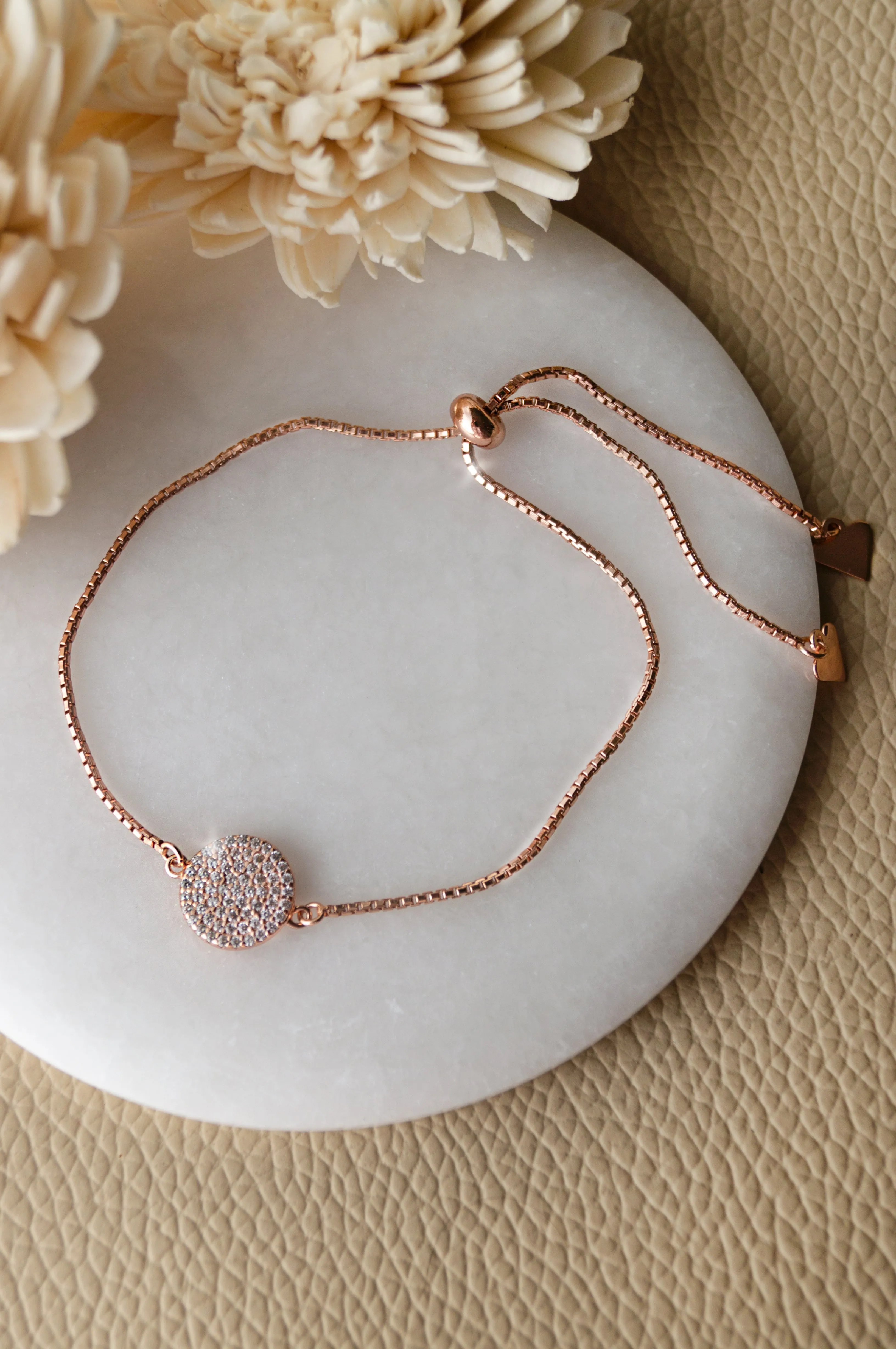 Enchanting Sparkly Disk Rose Gold Plated Sterling Silver Pull Chain Bracelet