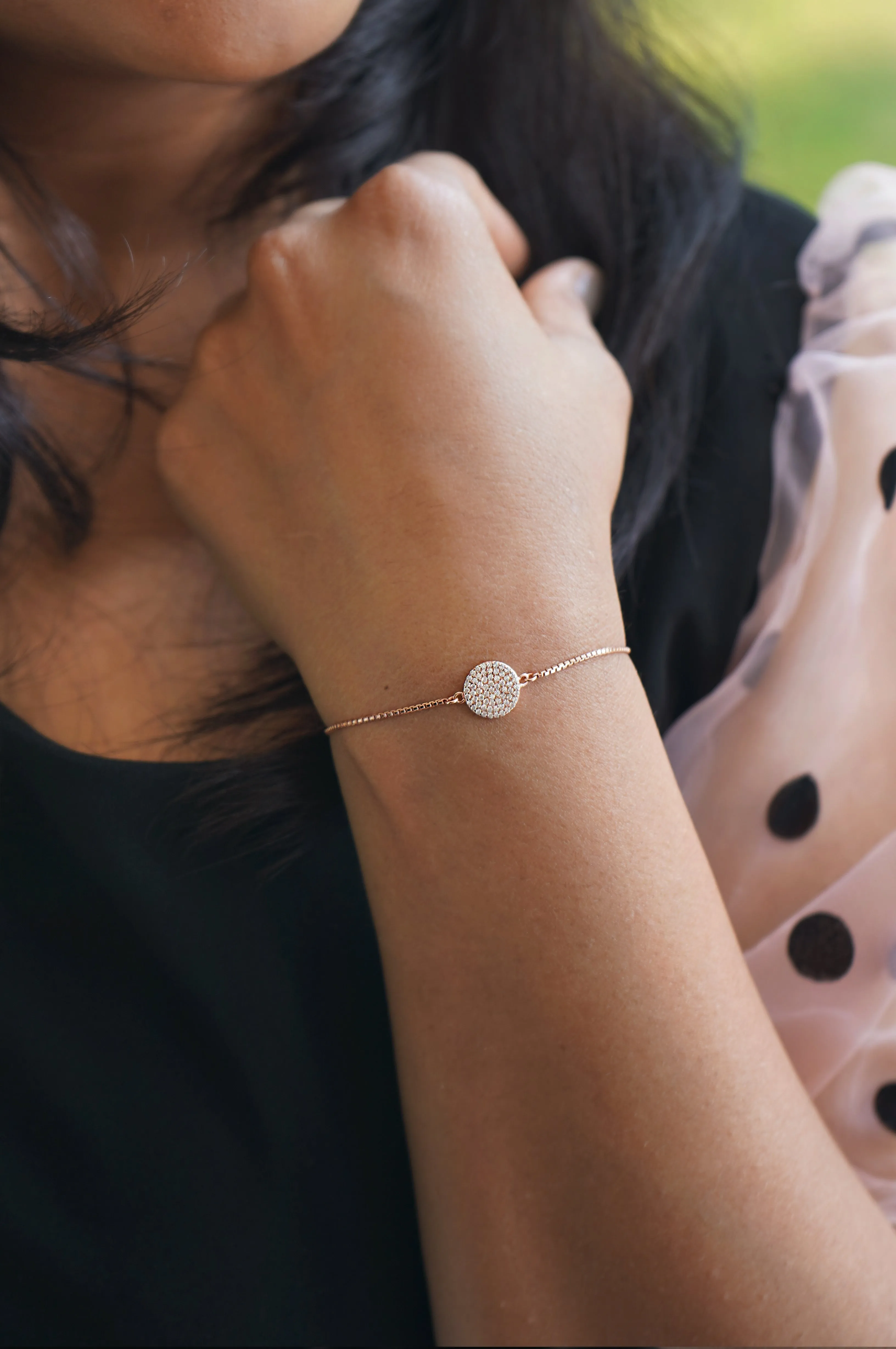 Enchanting Sparkly Disk Rose Gold Plated Sterling Silver Pull Chain Bracelet
