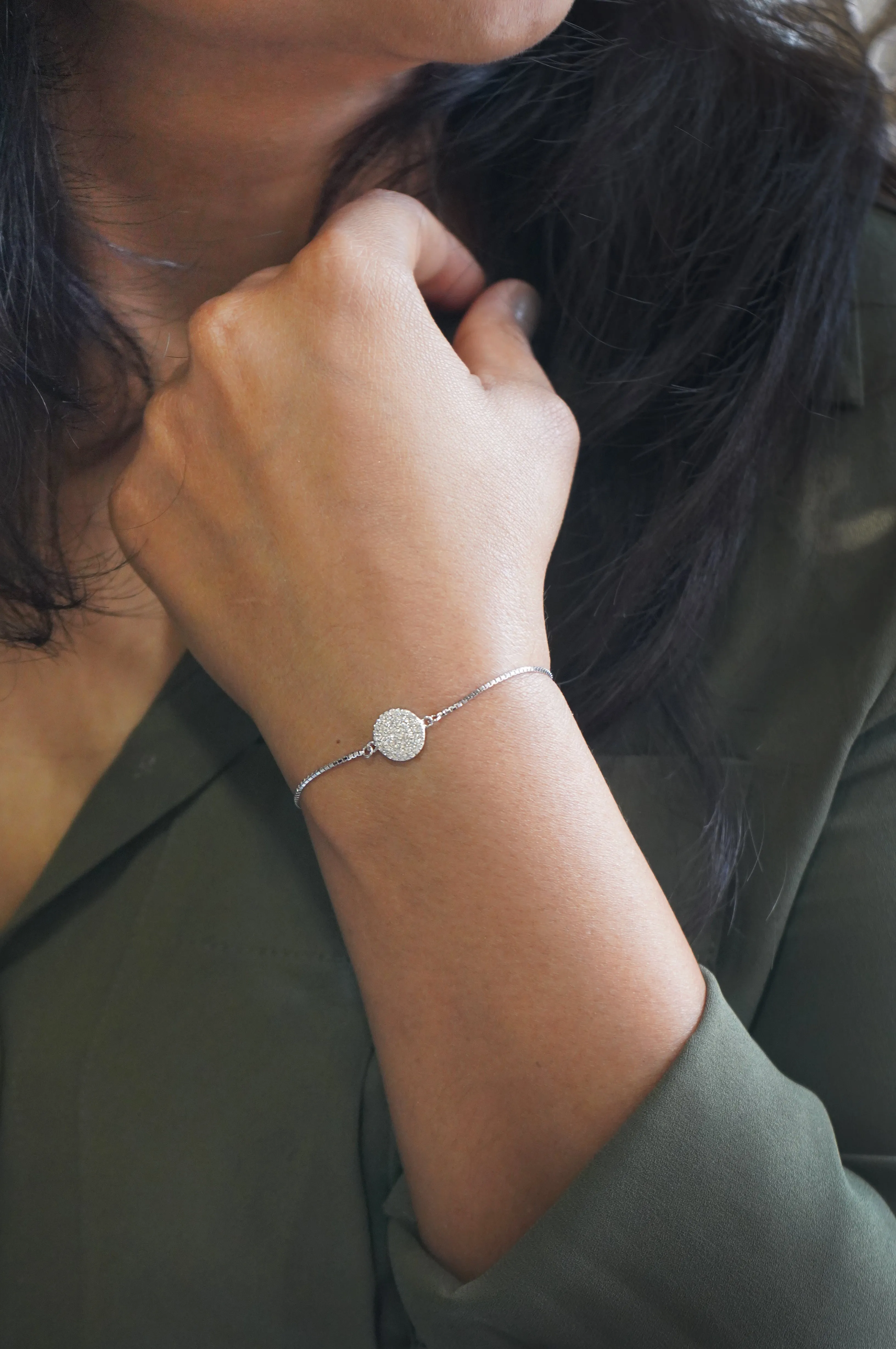 Enchanting Sparkly Disk Rose Gold Plated Sterling Silver Pull Chain Bracelet