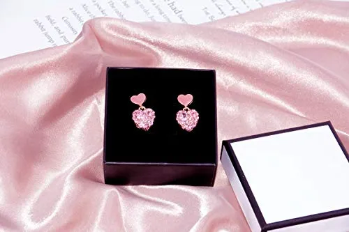 Falasoso Pink Stud Earrings For Women, Titanium Cubic Zirconia Hypoallergenic Heart Dangle Crystals 925 Sterling Silver Cute Earrings For Girls