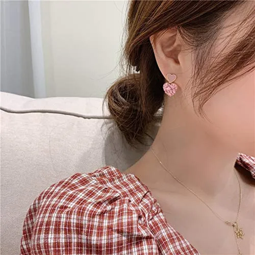 Falasoso Pink Stud Earrings For Women, Titanium Cubic Zirconia Hypoallergenic Heart Dangle Crystals 925 Sterling Silver Cute Earrings For Girls
